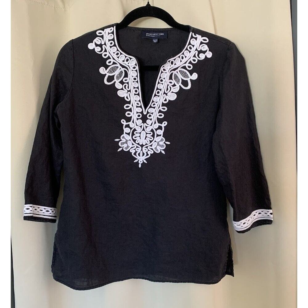 Jones New York Signature Women’s Dark Gray 100% Linen Shirt White Detail Small - Picture 6 of 11